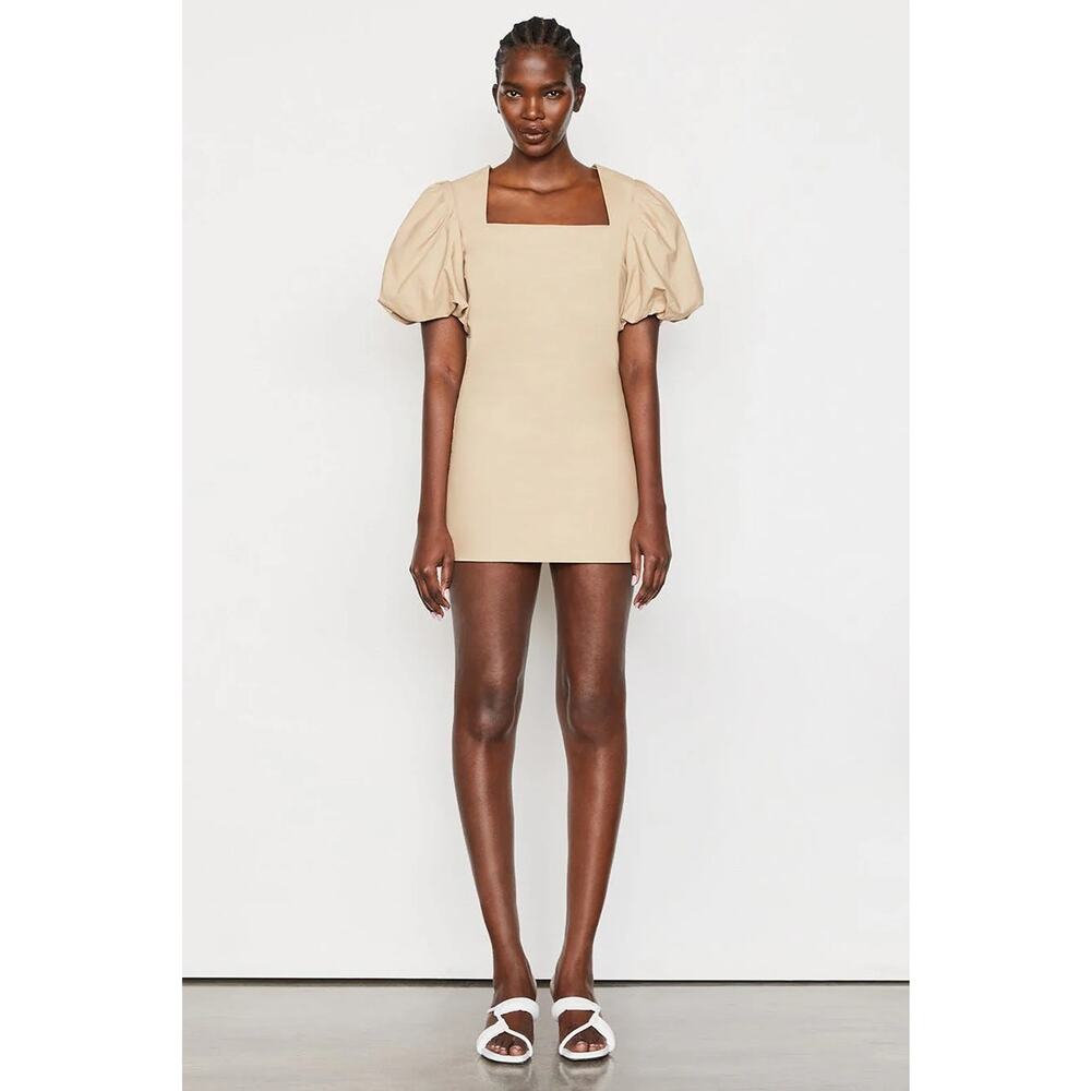 Frame 100% Cotton Khaki Pebble Puff Sleeve Nina Mini Dress Size Medium